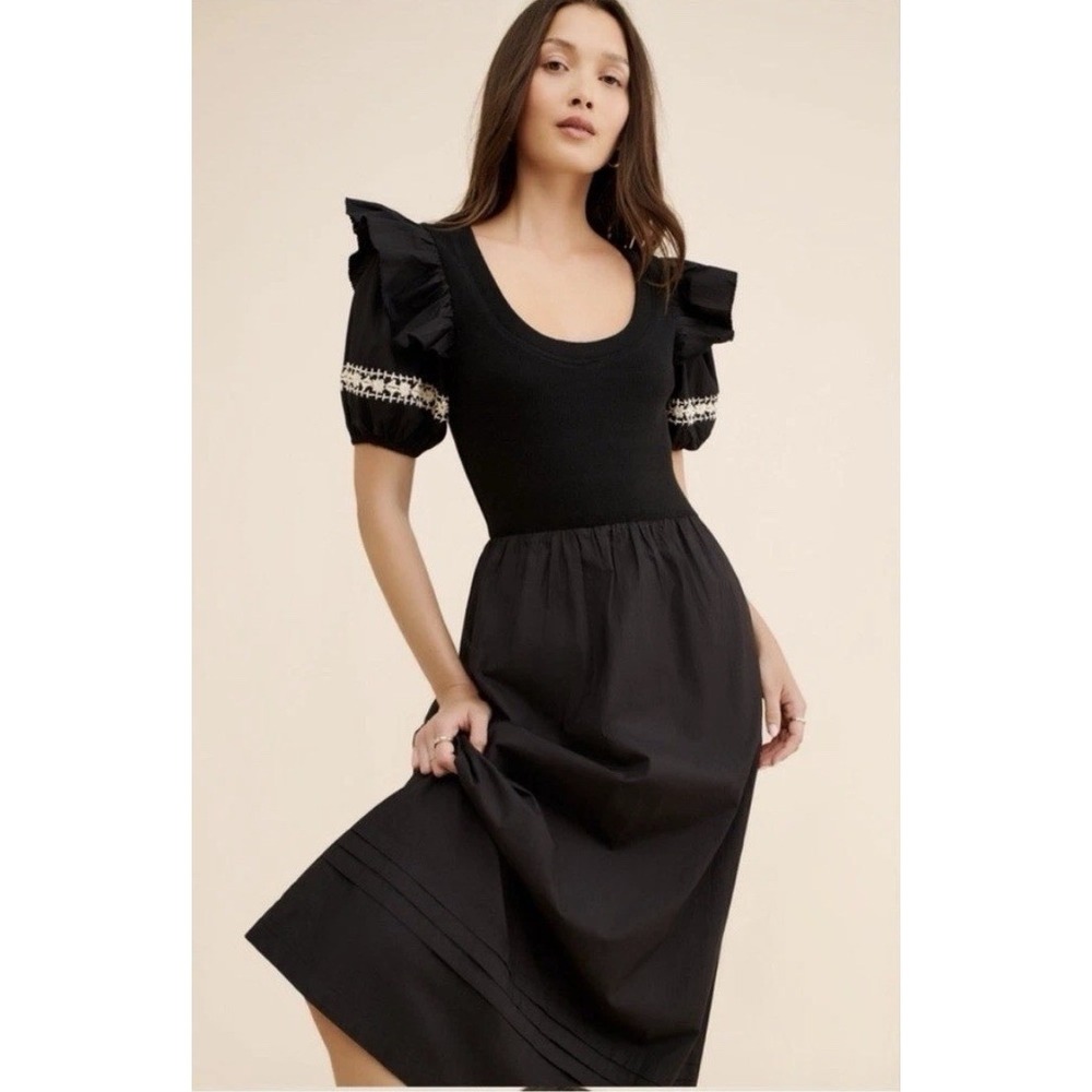 Cleobella Selma Black Midi Dress Size Small Dramatic Puff Sleeve Embroidered